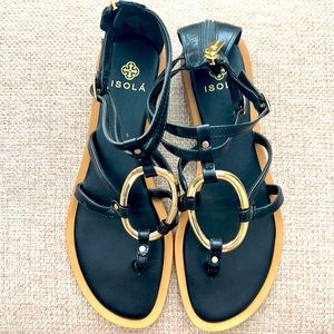Isola sandals, black and gold, buckles on zip, zip closure on back, size 9.